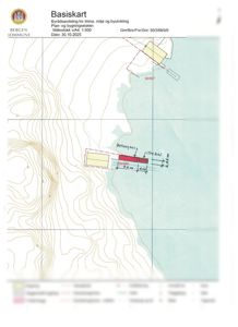 Basiskart (situasjonsplan) som viser eiendomsgranser, høydekoter, eiendomsnummer og bygningsplassering.