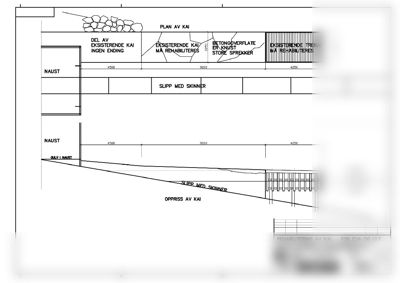 Fasadetegning som viser oppriss av KAI med detaljer om materialer (betong, murstein, stein) og dimensjoner.