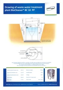 Tegning som viser et tverrsnitt (snitt) av en avløpsrenseanlegg (BioCleaner BC 10 PP) og en topplan (plan) av samme anlegg, med dimensjoner og tekniske spesifikasjoner.