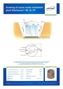 Tegning som viser detaljert oppriss og dimensjoner for en avfallsrenseanlegg (BioCleaner BC 16 PP), inkludert konstruksjon, vannnivå og tekniske spesifikasjoner.