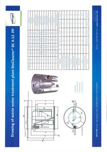Tegning som viser detaljert oppbygning og dimensjoner av et avløpsrenseanlegg (BioCleaner® BC 4-12 PP).