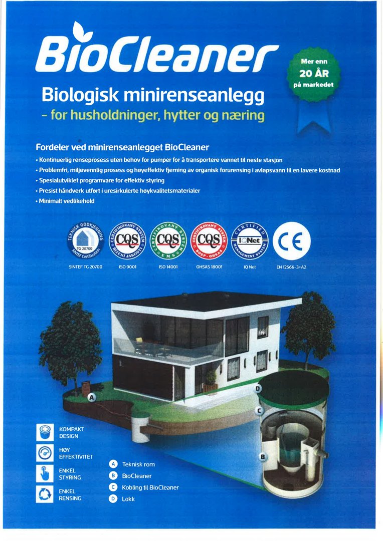 Produktvisualisering av en BioCleaner-anleggsmoduletten, der den illustré debatesituarionnen og komponentene (BioCleaner-enheten, teknisk rom, lokk) er vist grafiskt.