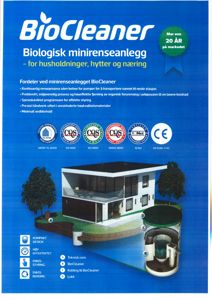 Produktvisualisering av en BioCleaner-anleggsmoduletten, der den illustré debatesituarionnen og komponentene (BioCleaner-enheten, teknisk rom, lokk) er vist grafiskt.