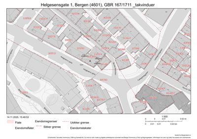 Kart over eiendomsgrenser og eiendomstexter for Helgesensgate 1, Bergen.