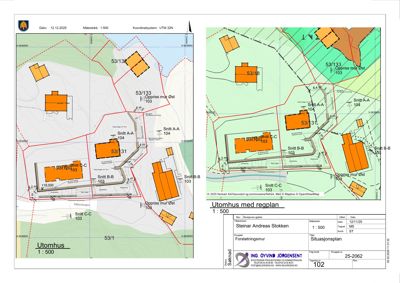Situasjonsplan som viser tomtens beliggenhet, naboeiendommer, grenser, og planlagt utbygging (tomhus med regplan).