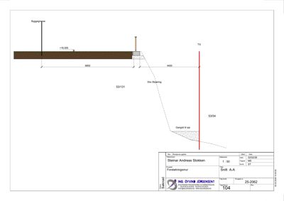 Snittegning som viser tverrsnitt gjennom en forsterkningsmur, med angivelse av høyder (TG), dimensjoner og terrengforhold.