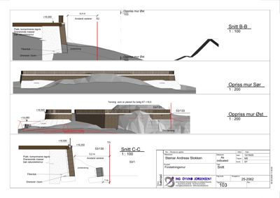 Tegning som viser snitt gjennom forslåtte forlatningsmurer (Snitt B-B og C-C) og oppriss av murverk (Sør og Øst).