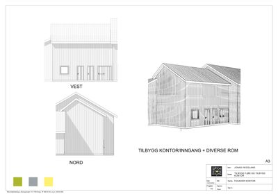 Fasadetegning som viser bygningens utseende fra vest- og nord-siden, samt en helhetsvisning.