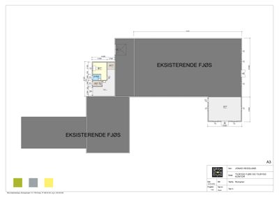 Etasjeplan (romplan) som viser eksisterende fjøs og planlagt tilbygg.