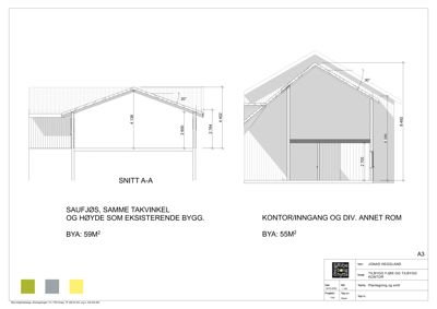 Snittegning (SNITT A-A) som viser tverrsnittet av en bygning med takvinkler og høydemål.