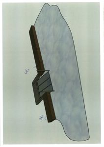 En tegning som viser en detaljert konstruksjon av en fasadeelement, sannsynligvis en vindu- eller dørkarm med tilhørende isolasjon og festeelementer.