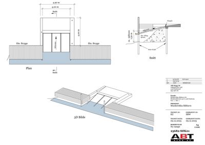 En tegning som viser en plan (toppsikt) og et snitt av en ny rampe, samt en 3D-visualisering av løsningen.