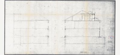 Snittegning som viser bygningens tverrsnitt, romfordeling og konstruksjon.