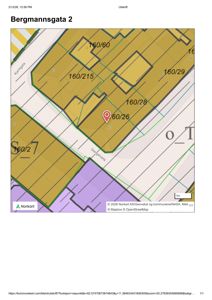 Kartvisning av eiendom i Bergmannsgata 2 med arealdata (f.eks. 160/215) og nabolagsgrenser.