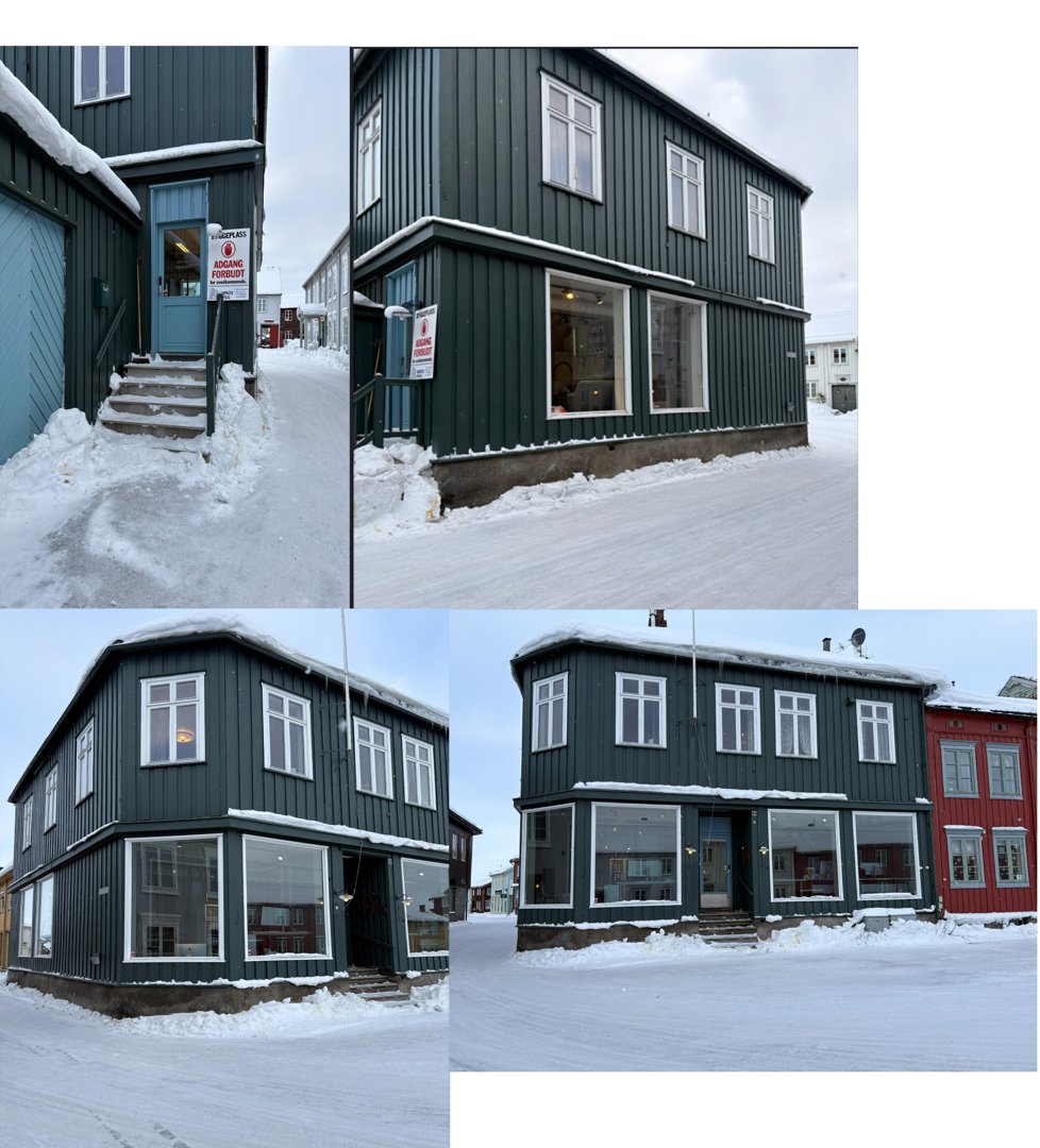 Fotografi av en grønn, toetasjes bygning i snø. Bildet er en collage med fire vinkler som viser fasaden, inngangen og bygningens form.