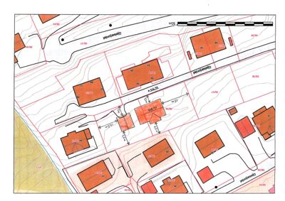 Situasjonsplan som viser tomtene, bygninger, veier (Gleiseparken) og høydemålinger (konturlinjer).