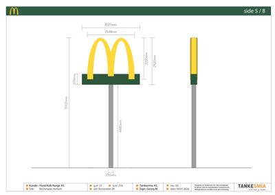 Fasadetegning som viser oppriss av McDonald's logo med detaljerte mål for høyde og bredde.