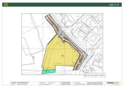 Situasjonsplan som viser eiendomsgrunn, bygningers plassering, veier og infrastruktur i området.