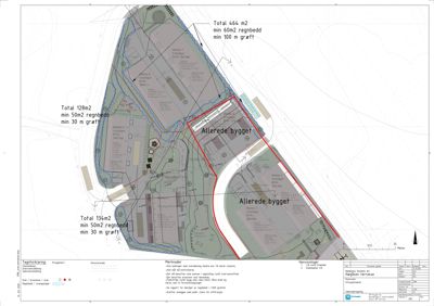 Situasjonsplan som viser tomtens grenser, eksisterende bygninger ('Allerede bygget'), planlagte bygninger (Robbe 1-6), regnbedd, grøft og merknader om areal og avstandskrav.