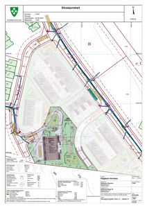 Situasjonsplan som viser tomtens beliggenhet, naboeiendommer, infrastruktur (veier/rail) og planlagt bebyggelse med arealdata.