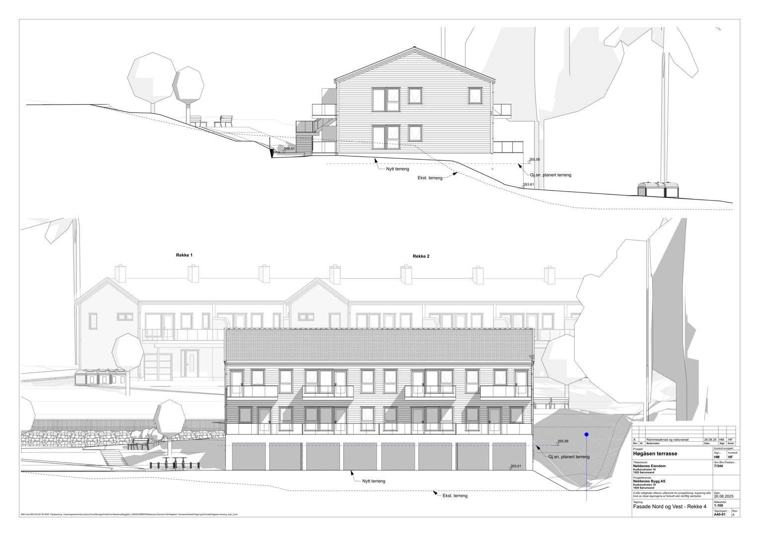 Fasadetegning som viser bygningens utseende fra fronten, inkludert vinduer, dører og takform.