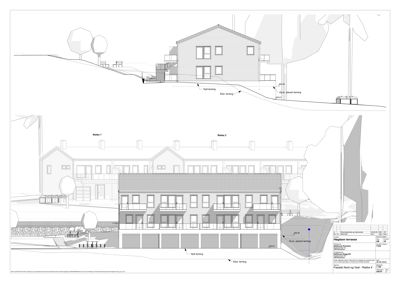 Fasadetegning som viser bygningens utseende fra fronten, inkludert vinduer, dører og takform.