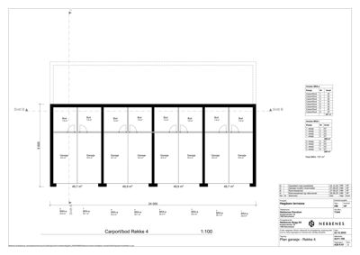 Snittegning (Snitt B-B) av en garasje- og bodrekke som viser romfordeling, høyder og konstruksjon.