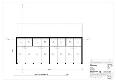 Etasjeplan for en rekkehusblokk som viser plassering av garasjer og bodrommer.