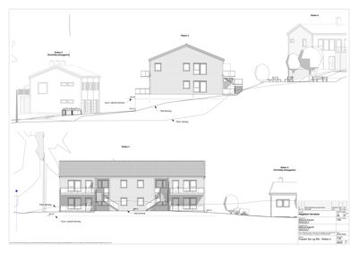 Fasadetegning som viser bygningenes oppriss sett fra fronten, inkludert terrassene og høydemålinger.