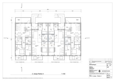 Etasjeplan for 2. etasje i en rekkehusblokk (Rekke 4), som viser romfordeling, størrelser og plassering av utendørs områder.