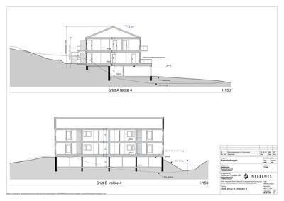 Snittegning som viser tverrsnitt gjennom to ulike rekke (rekke 4) i et boligprosjekt, inkludert grunnforhold og konstruksjon.