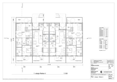 Plantegning av 1. etasje for en rekkehusblokk (Rekke 4), som viser romfordeling, mål og arealoppsett.