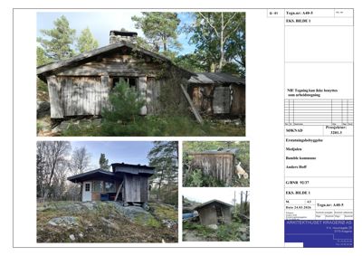 Fotografier av en eksisterende, gammal og delvis forfallelig hytte sett fra ulike vinkler.