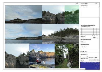 En samling av flere fotografier som viser et kystlandskap med klipper, vann og en båt.