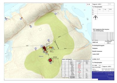 Ny Situasjonsplan som viser tomtens topografi, bebyggelse og arealoppdeling.