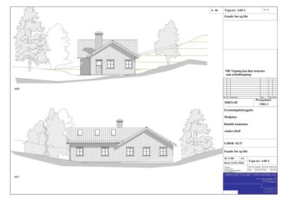 Fasadetegning som viser bygningens utseende fra sør og øst.