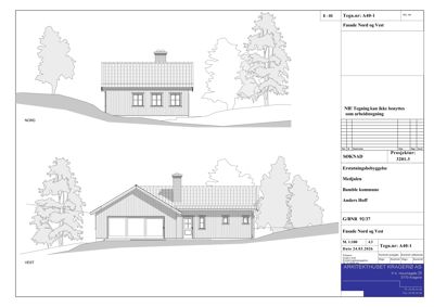Fasadetegning som viser bygningens utseende sett fra nord og vest.