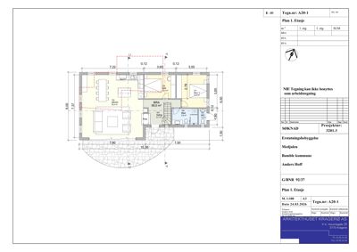 Etasjeplan (Plan 1. Etasje) som viser romfordeling, mål og funksjoner for et hus.