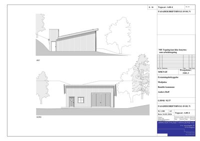 Fasadetegning som viser bygningens utseende sett fra øst og nord.