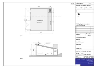 Tegning som viser etasjeplan (PLAN) og snitt (SNITT A) av en driftsbygning med mål og romfordeling.