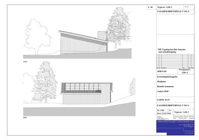 Fasadetegning som viser bygningens utseende fra vest og sør, inkludert terrengforhold og trær.