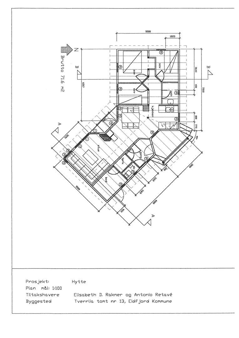 Etasjeplan (brutto 71,6 m²) for en hytte med romfordeling, dimensjoner og orientering.