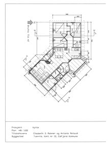 Etasjeplan (brutto 71,6 m²) for en hytte med romfordeling, dimensjoner og orientering.