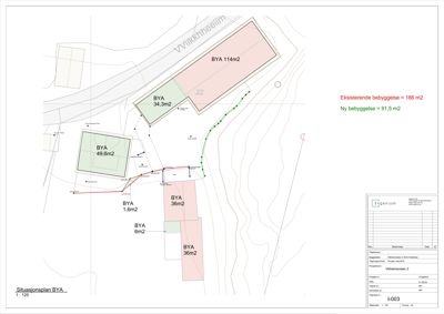 Situasjonsplan som viser bebyggelse (BYA) på tomt med arealopplysninger og topografi.