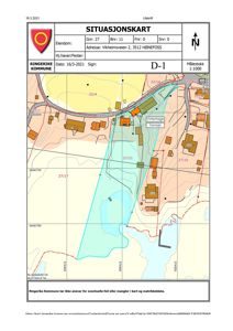 Situasjonskart (D-1) som viser eiendomsgrunn, nabolag, veier og topografi for Vikheimsveien 2 i Hønefoss.