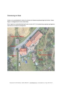 Et oversiktsbilde (flyfoto) av eiendom med overlagte tegninger som viser plassering av nye tiltak (garasje, hagestue, terrasse) og eksisterende bygninger.