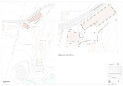 Situasjonsplan med innmålinger som viser tomtens form, bygningers plassering, grenser og topografi.