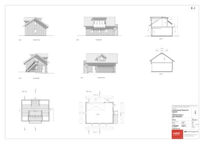 Arkitekttegning som viser fasadeopprikk (vest, sør, øst, nord) og snitt (A-A, B-B) for en bygning.