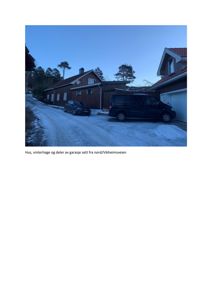 Fotografi av et hus, vinterhage og deler av en garasje sett fra nord/Vikheimsveien.