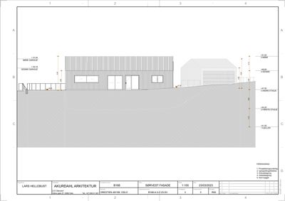 Sørvest fasade tegning med oppriss av bygningens høyder og etasjer.